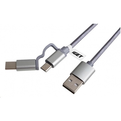 iGET G2V1 USB kabel 2v1, 1m, stříbrný, microUSB i USB-C, prodloužené koncovky